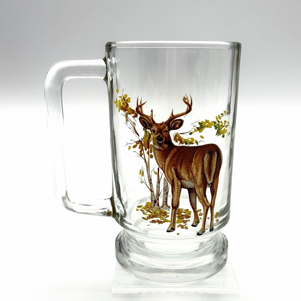 2 Vintage Heavy Glass Beer Mugs Whitetail Deer Buck Man Cave 16oz